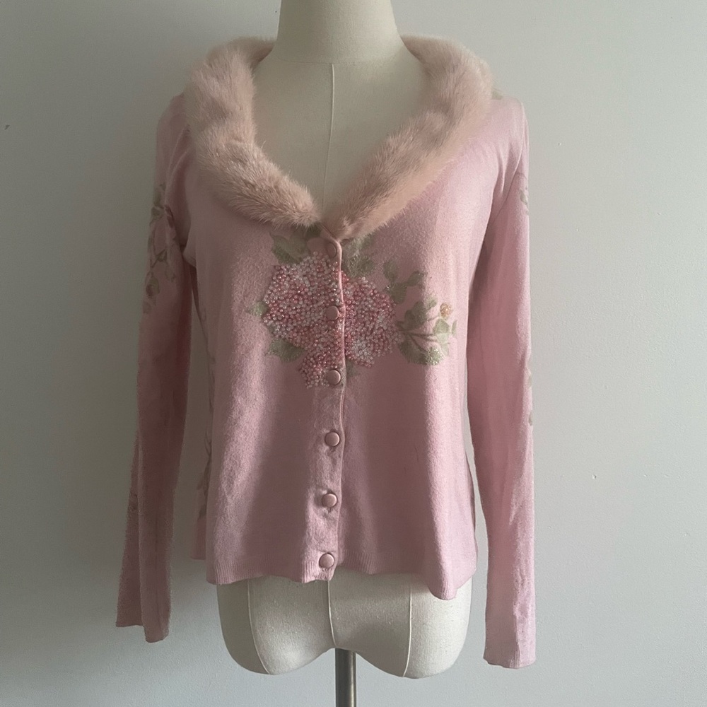 Blumarine 2000s Pink Beaded Sequin Floral Fur Trim Cardigan